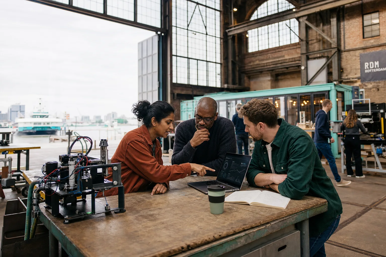 Drie professionals werken samen aan testautomatisering in de RDM-loods